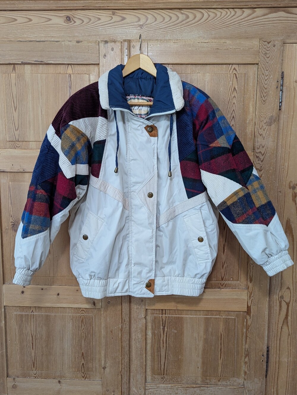 Vintage IZZI Patchwork Corduroy Zip & Button Up Puffer Ski Jacket Plaid